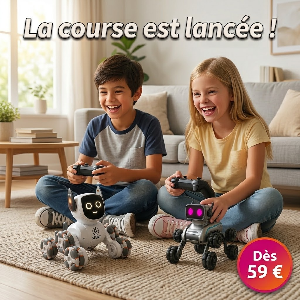 Deux enfants jouent avec leurs robots chiens télécommandés, échelle réelle